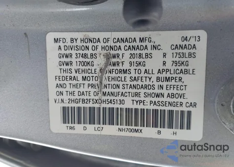 2013 Honda Civic Lx from USA, damaged, VIN 2HGFB2F5XDH545130